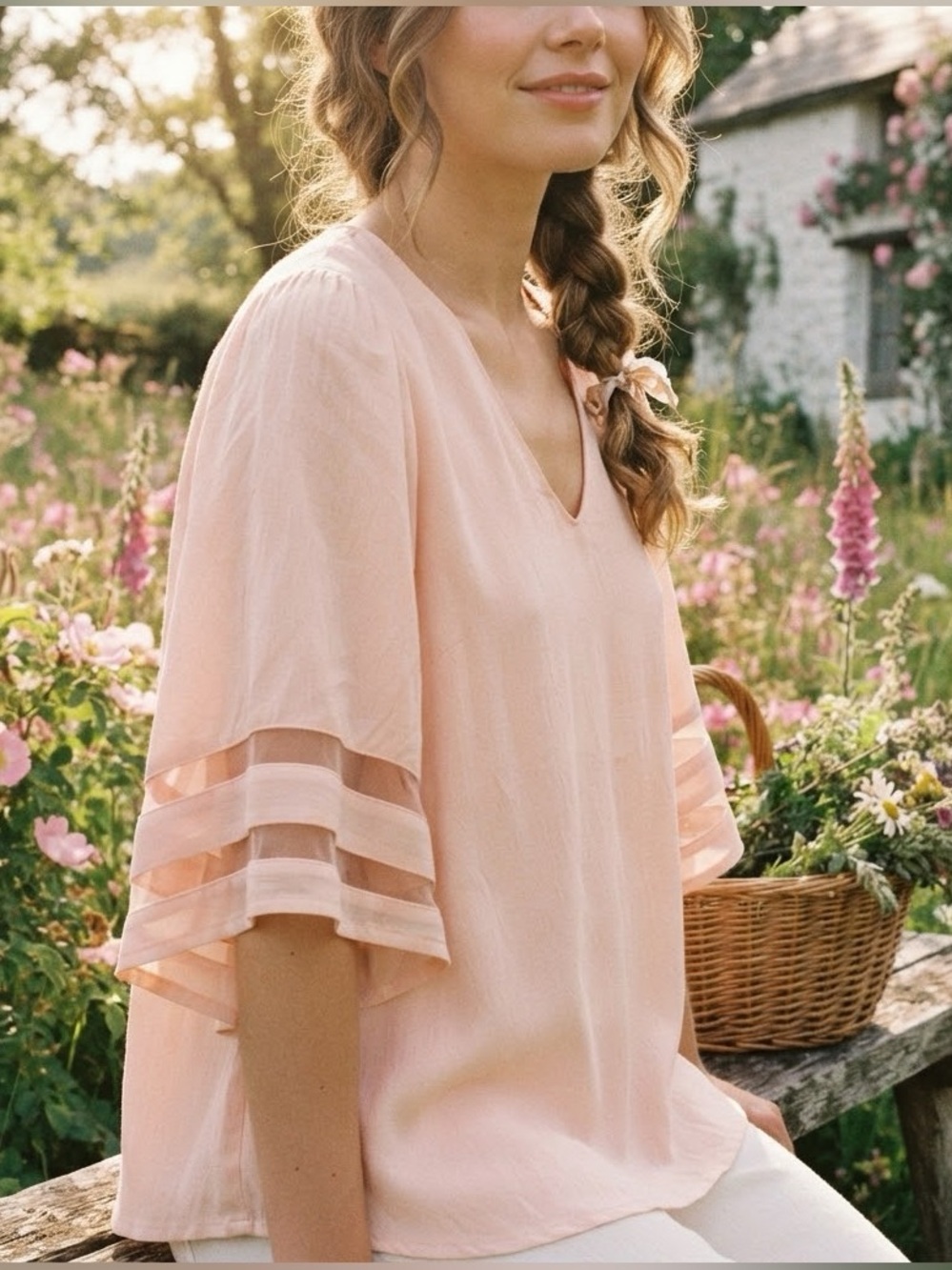 Chelsea28 Light Pink V-Neck Blouse Sheer Stripe Bell Sleeve Small Cottagecore